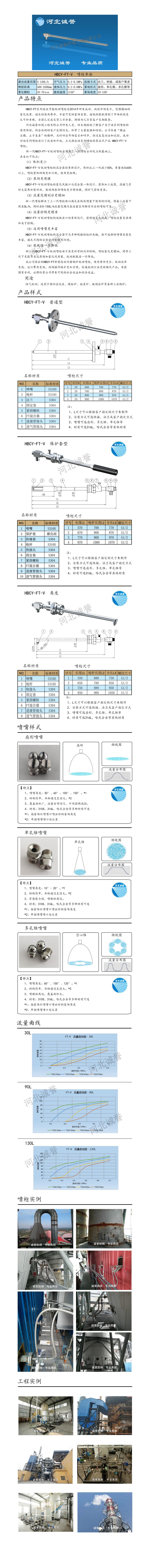 FT-V脫硝噴槍、保護套、噴槍參數、材質尺寸、流量分布圖、扇形空心錐俯視圖介紹，以及噴槍霧化視頻展示和工程案例介紹