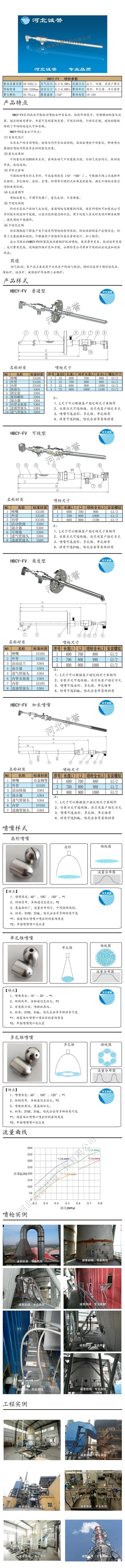 電廠脫硝噴槍保護套、噴槍參數、材質尺寸、流量分布圖、扇形空心錐俯視圖介紹，以及噴槍霧化視頻展示和工程案例介紹