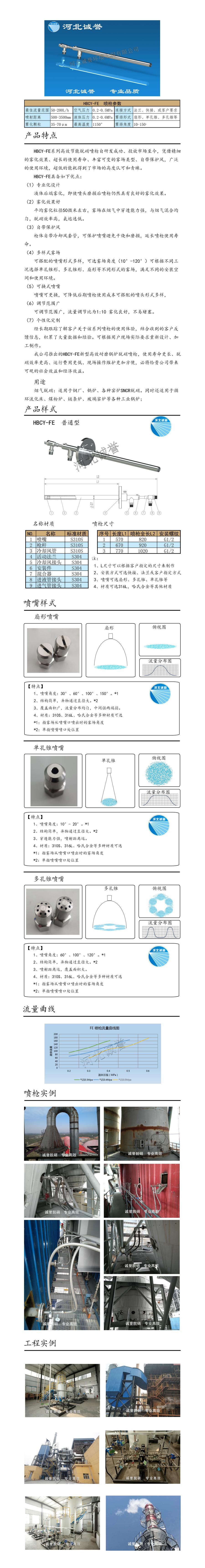 電廠脫硝噴槍保護套、噴槍參數(shù)、材質(zhì)尺寸、流量分布圖、扇形空心錐俯視圖介紹，以及噴槍霧化視頻展示和工程案例介紹